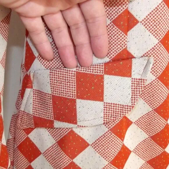 VINTAGE Blazer, M/L, Orange/Off-White Diamonds/Check, 2 buttons, Poly - Picture 4 of 12